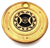 Porta incienso de madera redondo triple luna 10cm